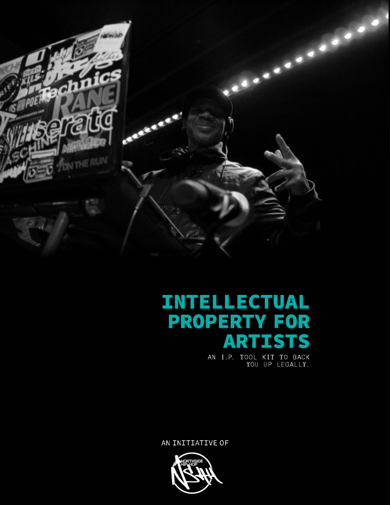 A black report cover with a turntable artist giving the peace sign. The report's title is Intellectual Property for Artists: An I.P. Toolkit to Back You Up Legally