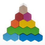 A pyramid made out of colourful, hexagon wooden blocks