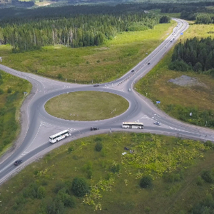 Overhead view of a traffic roundabout in a rural community
