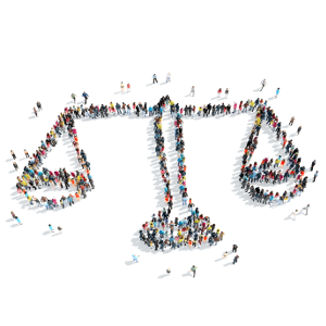 An illustration of a large group of people in the shape of a scales of justice