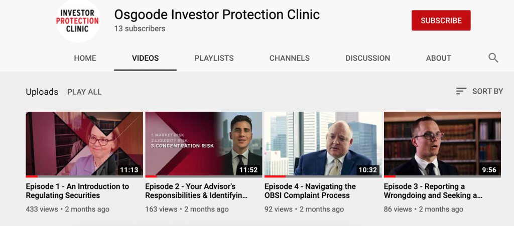 Small images of 4 videos on the YouTube Channel of the Osgoode Investor Protection Clinic