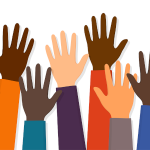 An illustration of 6 arms raised up and the hands are many different colours