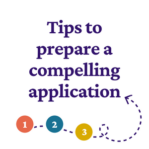 "Tips to prepare a compelling application" with the numbers 1, 2, 3 and a purple dotted arrow