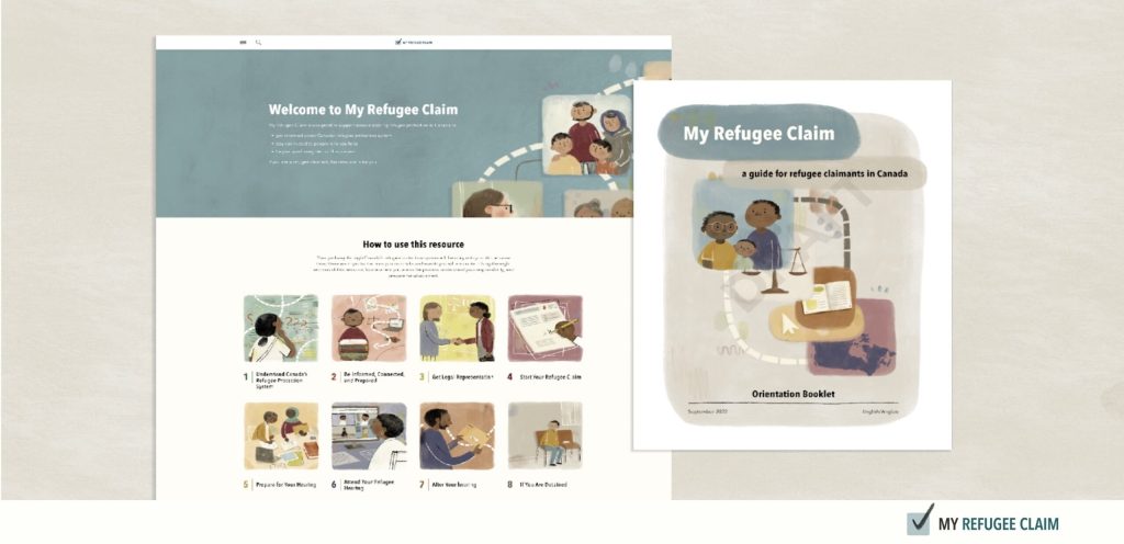 Screenshot from the My Refugee Claim website showing a website and booklet full of colourful illustrations depicting stages in the refugee claim process