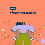 Colourful illustration of a person with brown skin and long dark hair with their hands on their hips. The background is bright orange and has text that says "New! AfterMeToo.com"