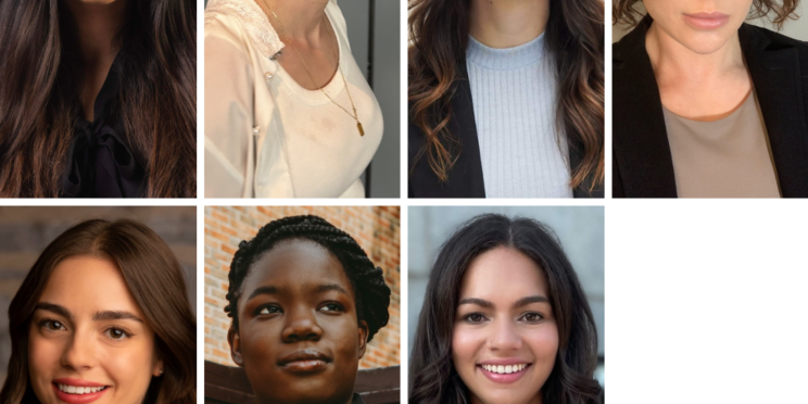 Seven photos of people, all smiling: woman with long black hair; woman with brown hair pulled into a low bun; woman with long, curly black hair; woman with shoulder-length auburn hair; woman with black braids pulled back into a bun; woman with long dark brown hair and glasses; woman with chin-length wavy brown hair