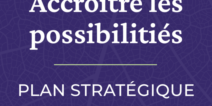Carré violet avec le texte "Plan stratégique 2024-2029 intitulé Accroître les possibilités"