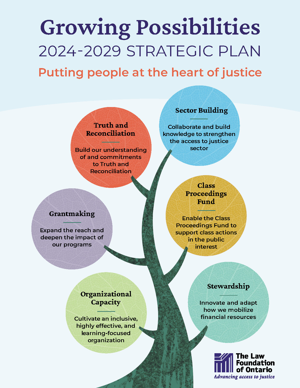 Colourful illustration of a tree with 6 circles representing strategic pillars with text that says "Growing Possibilities, 2024-2029 Strategic Plan"