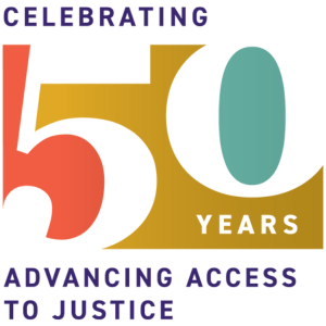 A colourful logo that says "Celebrating 50 years advancing access to justice"