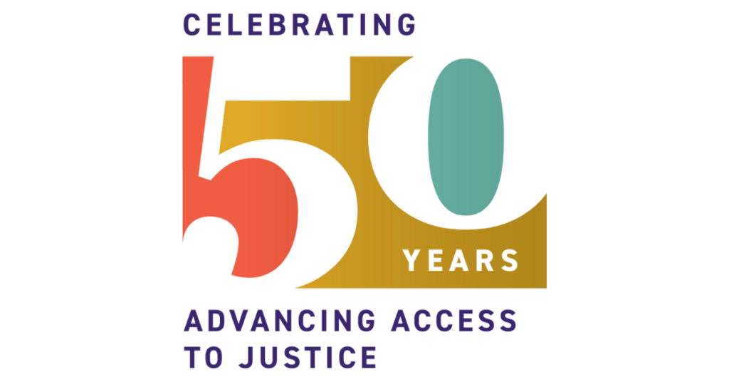 A colourful logo that says "Celebrating 50 years advancing access to justice"