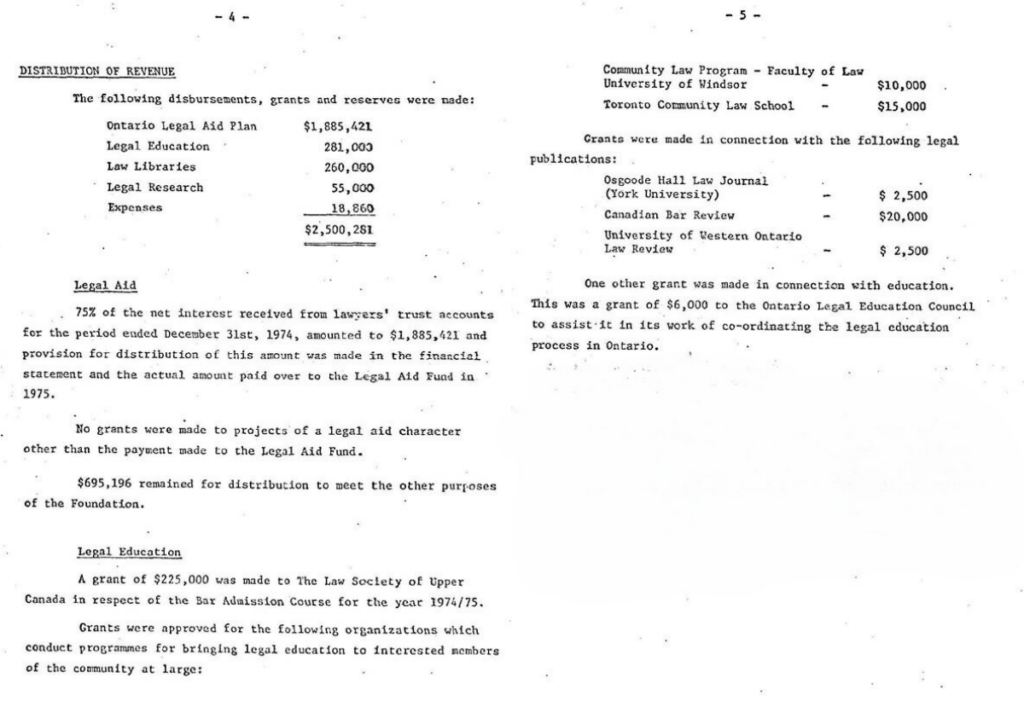 Screenshot of 2 pages from a typewritten annual report from 1975 with information about funding made