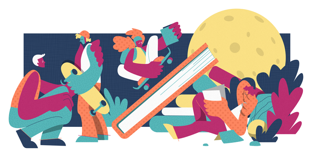 Colourful illustration by Mudja Hakime. It has four young people talking, skateboarding, and reading and large books, bushes, and a moon.