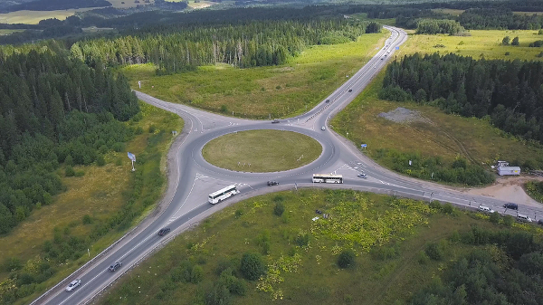 Overhead view of a traffic roundabout in a rural community